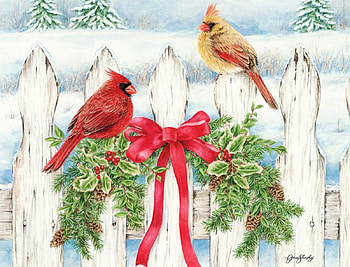 Cardinals, winter, artwork, decoration, snow, christmas, fence, xmas HD wallpaper