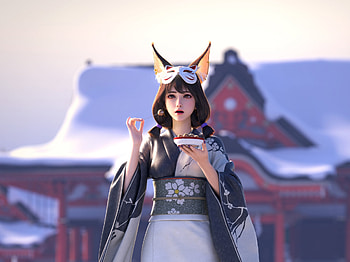 Cat girl, girl, cat, xingyi jiang, blue, winter, frumusete, cute, pisici, fantasy, snow, iarna, ears, luminos HD wallpaper
