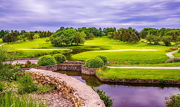 Serene countryside view with lush greenery, pond, and vibrant trees under a cloudy sky. HD wallpaper