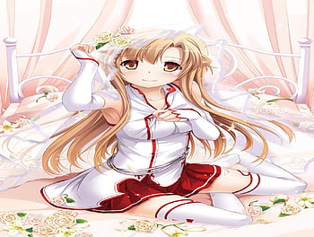 Yuuki Asuna, boob, long hair, sword art online, sitting, flower, thighhighs, female, shorts, breasts, sexy, white gloves, bed, smile, hot, pillow, anime girl, bedroom, cool, brown hair, blush HD wallpaper