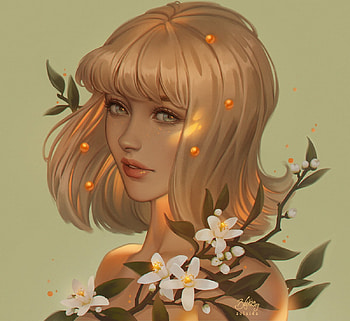 Orange blossom, fantasy, art, flower, portrait, face, girl, lisa buijteweg HD wallpaper