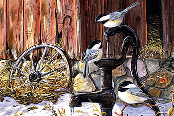 Chickadees at the Pump F, winter, animal, bird, pump, art, beautiful, illustration, avian, chickadees, artwork, wide screen, wildlife, painting, snow, nature HD wallpaper