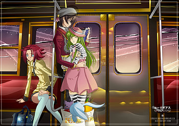 Crossing Boundaries, kallen, code geass, snow, lelouch, cc, green hair, thinghhighs, train HD wallpaper