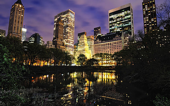 Cities, Water, Houses, Trees, Clouds, City, Building, Lights, Lake, Reflection, Night City, Backlight, Illumination, Mainly Cloudy, Overcast, New York, Handsomely, It's Beautiful, Basin, Manhattan, Beautiful Sky, Downtown New York, New York City Center, Big City HD wallpaper