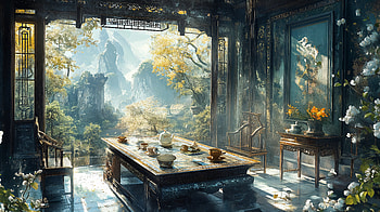 Serene Tea House: A Escape into Nature, tea house, serene landscape, tea set HD wallpaper