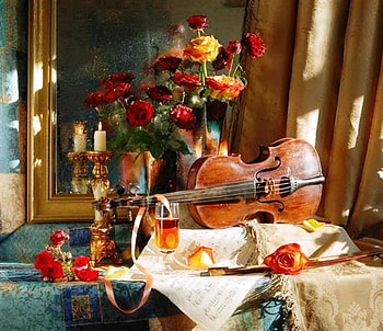 Last romance, mirror, table, roses, glass of wine, rose petals, romance, musical score, violin, still life, last, flowers, candles, romantic HD wallpaper