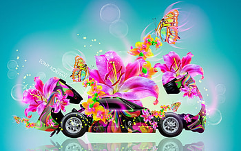 Car and flowers, blue, pink, creative, fantasy, tony kokhan, flower, car HD wallpaper