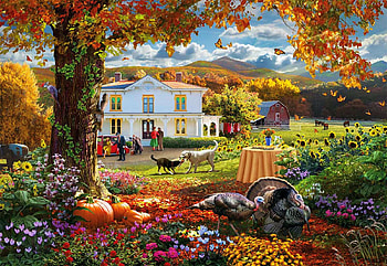 Autumn Paradise, people, turkeys, barn, house, dogs, colors, artwork, pumpkins, horses, leaves, painting, trees, flowers HD wallpaper