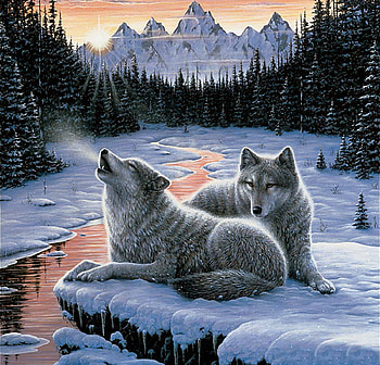 Winters Dawn F, winter, wolves, art, howl, landscape, beautiful, four seasons, illustration, artwork, scenery, wide screen, painting, snow HD wallpaper