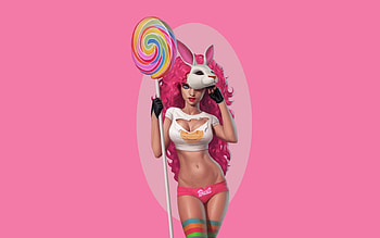 Candy girl, bunny, pink, mask, fantasy, lollipop, candy HD wallpaper
