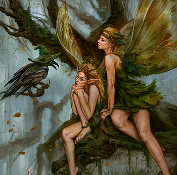 Fairies, fantasy, art, inna vjuzhanina, couple, girl, tree, dark, bird, raven, fairy HD wallpaper