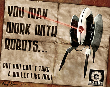 WARNING!, robots, portal, turrets, video games, funny HD wallpaper