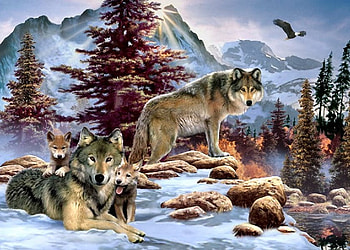 By Howard Robinson, animal, river, eagle, painting, bird, art, howard robinson, wolf HD wallpaper