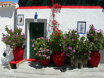 Flowers House - Greece, art , house, red, beautiful, flowers, small, pots HD wallpaper