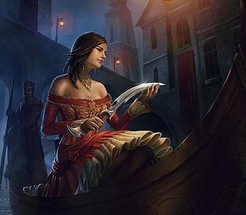 Angelique, boat, fantasy, girl, luminos, red dress, jackson tjota HD wallpaper