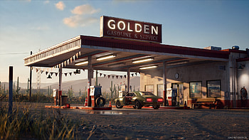 Golden Gasoline Desert Gas Station, artist, artwork, digital-art, artstation, gas-station HD wallpaper