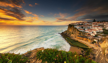 City, sea, beach, sunset HD wallpaper