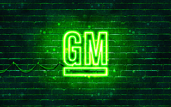General Motors green logo, , green brickwall, General Motors logo, cars brands, General Motors neon logo, General Motors HD wallpaper
