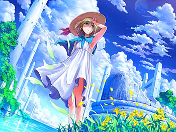 Sunny Summer Day, Short Hair, Blue Sky, Cute, Girl, Beautiful, Summer, White Dress, Sunny, Blonde Hair, Flowers HD wallpaper
