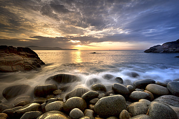 Rocks, coast, sea, sunset HD wallpaper