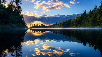 Lake Matheson New Zealand, morning, trees, clouds, sky, mountains, water, reflections, sunrise HD wallpaper