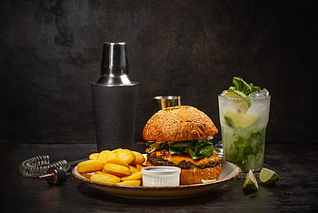 Burger, drinks, chips, food HD wallpaper