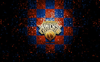 Westchester Knicks, glitter logo, NBA G League, orange blue checkered background, basketball, american basketball team, Westchester Knicks logo, mosaic art HD wallpaper