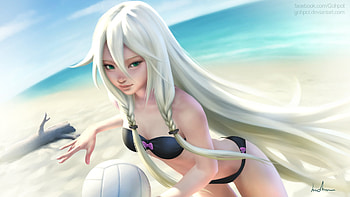 Girl playing voleyball, blue, white, voleyball, gohpot, girl, realustic, beach, summer, swimsuit, anime, manga HD wallpaper