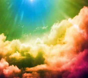 Colorful sky, blue, colorful, birds, beautiful, green, yellow, red, clouds, fly, sky HD wallpaper