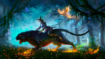 Lion Warrior Girl In Magical Forest For Hunt , warrior, fantasy, artist, artwork, digital-art, creature HD wallpaper