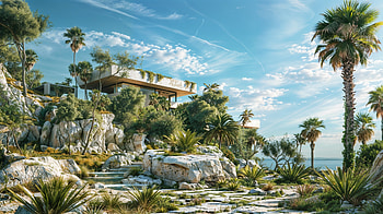 house, rocks, foliage, sky HD wallpaper