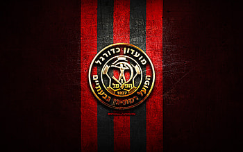 Hapoel Ramat Gan FC, golden logo, Leumit League, red metal background, football, Israeli football club, Hapoel Ramat Gan logo, soccer, Hapoel Ramat Gan HD wallpaper