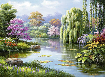 Romantic pond, art, spring, lake, park, tree, pink, painting, pictura, water, pond HD wallpaper
