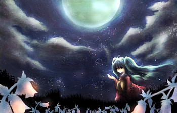Hatsune Miku, horizon, night, glow, awesome, stars, artistic, nice, digital, cg, petals, hatsune, aqua eyes, mountains, white, art, twintail, girl, singer, aqua, anime girl, anime, pretty, light, twin tail, virtual, blue, kimono, black, song, glowing, cute, vocaloid, beauty, miku, music, moon, vocaloids, program, beautiful, diva, dark, gray, gray clouds, aqua hair, cool, clouds, sky, flowers, idol HD wallpaper