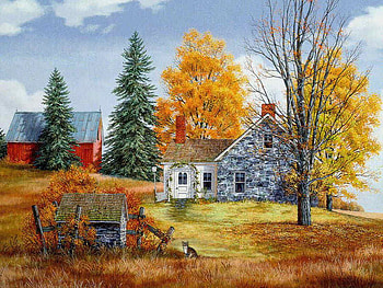 A Lovely Fall Day, golden, barn, conifers, morning, house, farm, cat, trees coloursgrass, country, fence, autumn, sky HD wallpaper