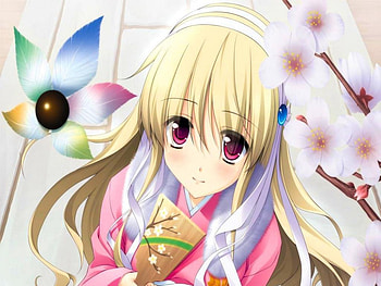 Lovely Girl, sweet, kimono, cute, red eyes, girl, long hair, anime, blonde hair, blush, cherry blossoms HD wallpaper