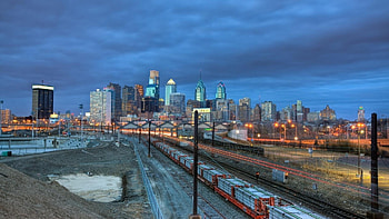 railway to the city of brotherly love, tracks, train, morning, city HD wallpaper