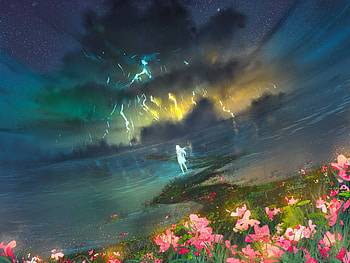 Perfect storm, blue, art, girl, pink, yuumei, fantasy, flower, luminos, cloud, storm HD wallpaper
