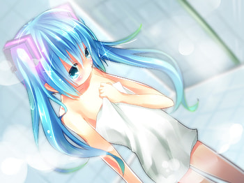 Hatsune Miku, bathroom, awesome, artistic, nice, digital, cg, hatsune, aqua eyes, sexy, white, art, twintail, hot, girl, singer, aqua, anime girl, anime, pretty, virtual, black, song, cute, vocaloid, beauty, miku, music, vocaloids, thighhighs, water, steam, program, towel, beautiful, diva, aqua hair, cool, blush, idol HD wallpaper