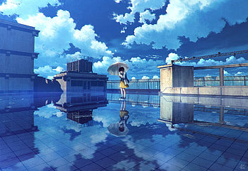Water, reflections, anime girl, clouds, original HD wallpaper