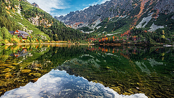 Poprad Lake, High Tatras, Slovakia, landscape, clouds, trees, sky, rocks, water, mountains, reflections HD wallpaper