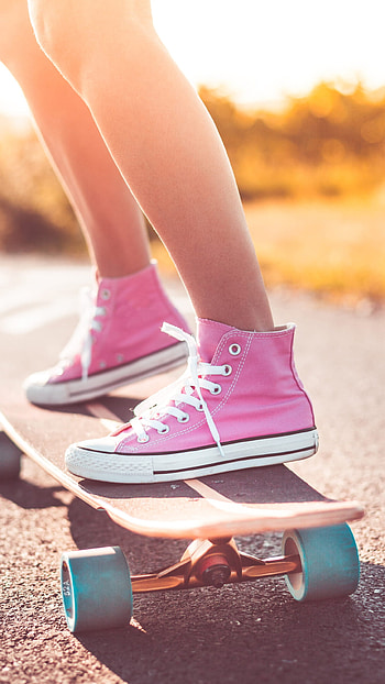 Active girl on longboard, Pink shoes style, Crazy skateboarding vibe, aesthetics HD phone wallpaper