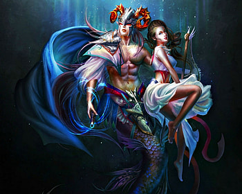 Fantasy couple, blue, uminos, mermaid, black, horns, man, girl, tail, beauty, dark, woman, instrument, fantasy, red, fish, luminos HD wallpaper