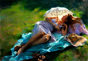 Lazy day in the garden, vicente romero redondo, art, pictura, green, parasol, garden, girl, blue, painting, sleep HD wallpaper