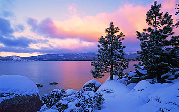 Lake at dusk in winter, trees, colors, clouds, sky, snow HD wallpaper