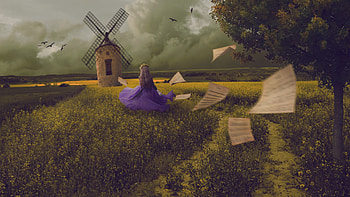 Field of Dreams, windmill, birds, girl, wind, field, trees, clouds, sky, music notes HD wallpaper