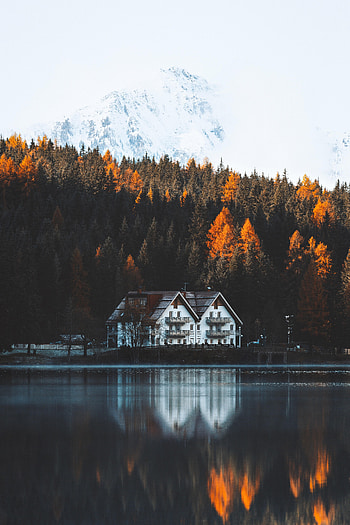 Nature, Trees, Mountain, Lake, House HD phone wallpaper