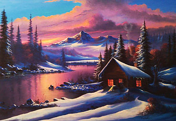 Winter Scenery, river, painting, snow, trees, landscape, mountains, cabin, sunset HD wallpaper