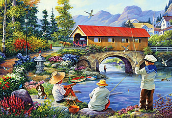 Fishing By A Covered Bridge, mountains, people, river, artwork, painting, trees HD wallpaper