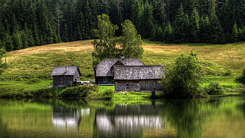 Old Wood Lake House, old, wood, reflection, house, trees, nature, forest, lake HD wallpaper